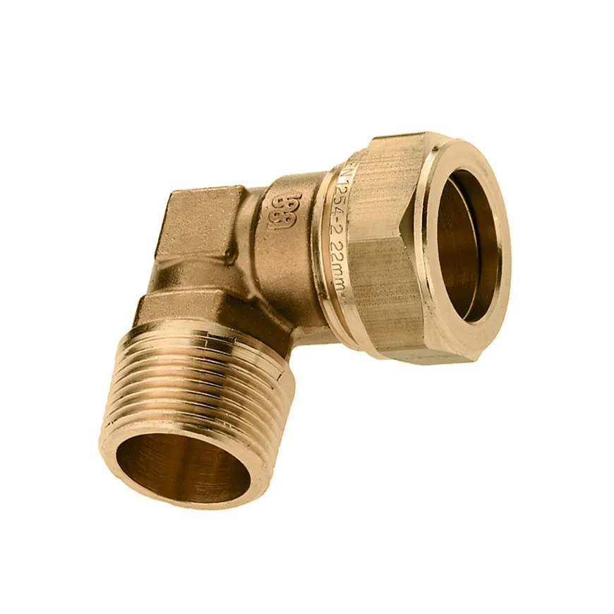 Messing draadknie 90 graden buitendraad x knel, 3/4" x 22 mm