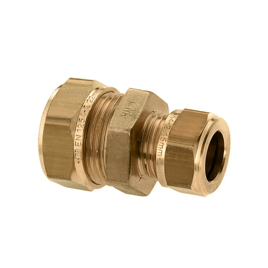 Messing verloopkoppeling 2 x knel, 15 x 12 mm